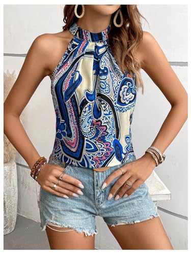Image of RoseSeek Women's Tropical Paisley Halter Blouse Boho Shirt Vacation Tops