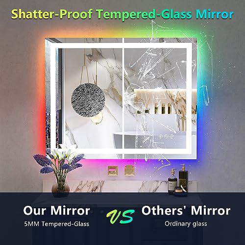 Image of 40x32 Inch RGB LED Bathroom Mirror Front Light and RGB Backlit Lighted Vanity Mirror for Bathroom Wall Mounted Dimmable Anti Fog Memory Shatter-Proof IP54 Waterproof Horizontal /Vertical
