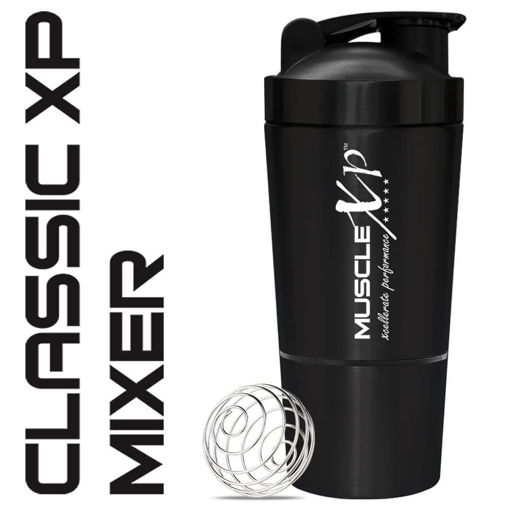 MuscleXP Gym Shaker Classic XP Mixer Mélangeur en acier inoxydable avec rangement, 100 % étanche, 591 ml + 200 ml pour protéines, pré-entraînement et BCAA, matériau sans BPA + boule à ressort (noir)