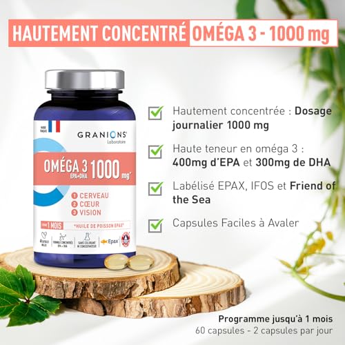 OMEGA 3 1000 mg GRANIONS | Huile de Poisson Sauvage EPAX -Haute Concentration Omega 3 DHA EPA + Vitamine E - Complément Alimentaire Omega3 - Oméga-3 Sans OGM, Certifié Friend of the Sea- 60 Capsules – Image 3