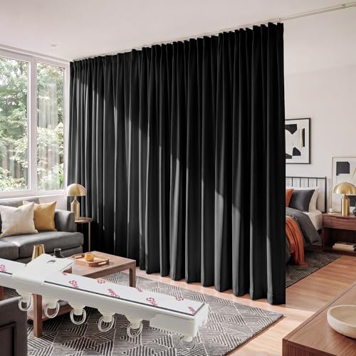 Image of RYB HOME Room Divider Curtains with Straight Ceiling Track, Heavy Duty Blackout Privacy Sliding Partition Panel for Bedroom /Living Room /Basement /Sliding Glass Door, W100xL90, Black, 1 Panel