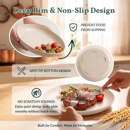 Image of Homienly Plastic Dinner Plates, Wheat Straw Plates 11 Inch, Lightweight Unbreakable Plates Set of 8, Microwave Safe Plates, Deep Plates for Dinner - Beige