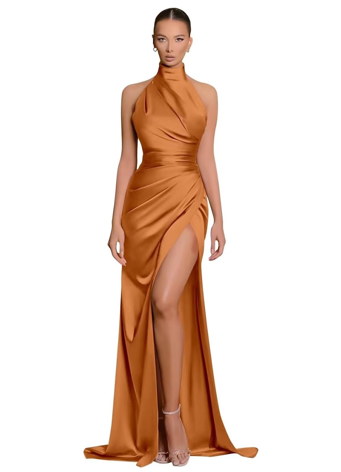 Clothfun Women's Halter Satin Bridesmaid Dresses Long Mermaid Prom Dress for Women Formal Gown with Slit