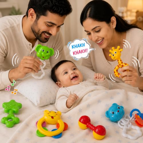 Image of 8 PCS Baby Rattle Toy Set for Newborn Babies (0-12 Months) | BPA Free Colorful Infant Rattles & Teethers | Educational Sensory Toys for Boys & Girls