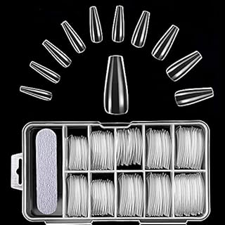 Husnshud False Nails - Set of 100 Full Cover Length Clear Nail Tips - Ballerina Fake Nails with File