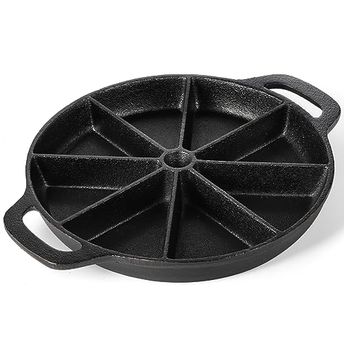 WUWEOT Cast Iron Wedge Pan, Non stick Round Corn Bread Skillet, Black 8-edges Biscuit Pans with Double Handles for Scones, Corn Stick Pan, Muffins, Cup Cakes and Brownies