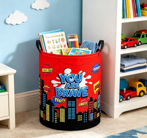 Image of Baby Laundry Basket Baby Nursery Hamper Kids Laundry Basket Toy Storage Bin for Boys Room Decor Gift Baskets for Bedroom Bathroom(Red City)