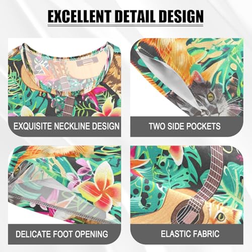 ALAZA Colorful Hawaiian Cat Kitten Guitar Pajamas Short Sleeve 2 Piece Sleepwear Top and Bottom Pajama Set Unisex4