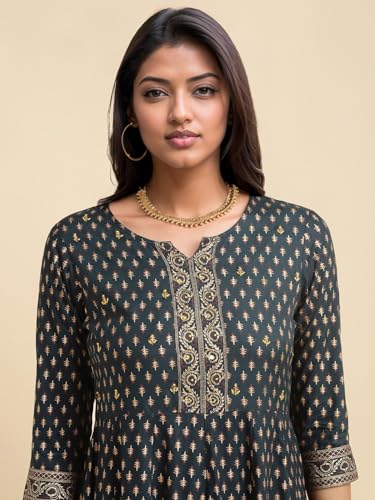 Image of rangita Teal Rayon Calf Length Embroidered Anarkali Kurti for Women | Kurta for Women