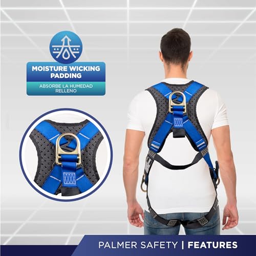ATERET Fall Protection 5pt Safety Harness, Dorsal D-ring, Quick-Connect Buckle, Grommet Legs, Sewn in Back Pad I OSHA ANSI Compliant Personal Equipment (Blue - Universal)