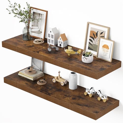 Image of Dreamland 48 inch Floating Shelves for Wall, 12 inch Deep Thicker Floating Shelves, Wall-Mounted Shelves for Bedroom, Living Room, Kitchen, Bathroom,Rustic Brown - Set of 2