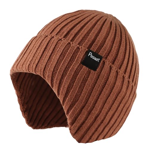 Image of PESAAT Kids Beanie Hat Baby Girls Earflap Hats Fleece Lined Winter Warm Beanies for Boys Infant Toddler Knit Cap 0-10 Years (S, Caramel)
