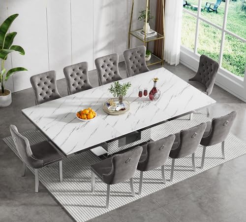 Image of Modern Extendable Dining Table Set for 10, Faux Marble Expandable Table with 10 Grey Velvet Chairs & Silver Mirrored Pedestal Base, 63 inch to 94 inch 3-Position Expansion, 11 Piece Luxury Dining Table Set