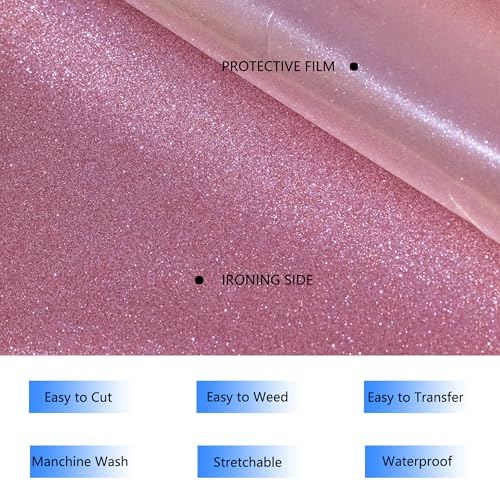 Image of RENLITONG Pink Glitter Heat Transfer Vinyl HTV Vinyl Rolls- 12 inch x 12ft Iron on Vinyl for T-Shirt, Cameo - Easy to Cut & Weed for Heat Vinyl Design