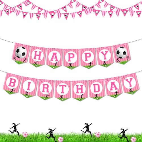 Funmemoir Soccer Birthday Party Decorations for Girls - Happy Birthday Banner, Pink Soccer Football Bday Decorations for 1st 2nd 3rd 4th 5th Party Supplies