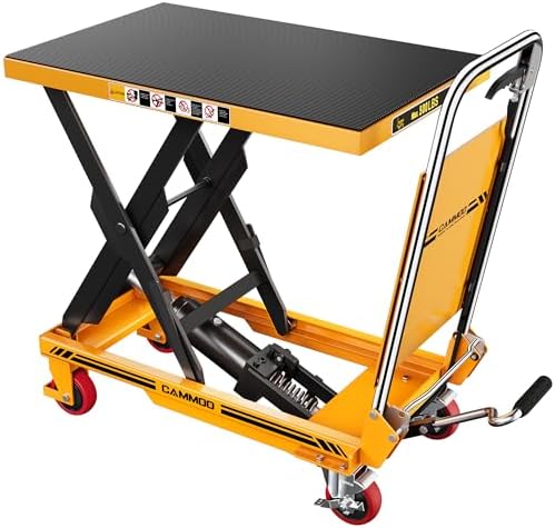 CAMMOO Hydraulic Lift Table Cart, 500lbs Capacity, 28.5" Lifting Height, Single Scissor Lift with Non-Slip Pad & Safety Guard Foldable Handle for Material Handling and Transportation, Yellow