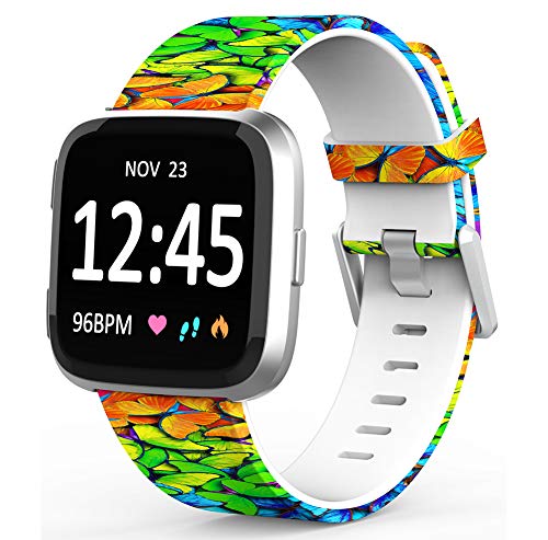Digihero Compatible avec Fitbit Versa 2 Bracelet pour femme et homme - Motif floral imprimé sans décoloration - Pour montre Fitbit Versa Lite SE, papillon, Large(7.2" -8.7")
