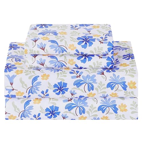 Image of Softan Vintage Blue Floral Twin Bed Sheets, Cozy Microfiber Flower Printed Sheets with 15 inch Deep Pocket Fitted Sheet & Non-Slip Straps, Patterned Floral in Blue & Amber Sheets & Pillowcase Set