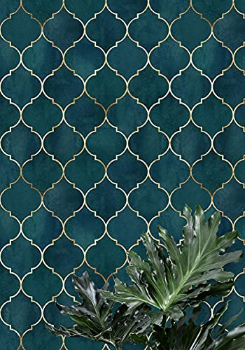 Image of DWELLSINDIA Dark Aqua Moroccan Geometric Wallpaper for Interior Decor | Self Adhesive Peel & Stick, Thick Textured Premium Paper | Waterproof, Scratch Resistant | Living Room & Bedroom | 41 x 244 cm