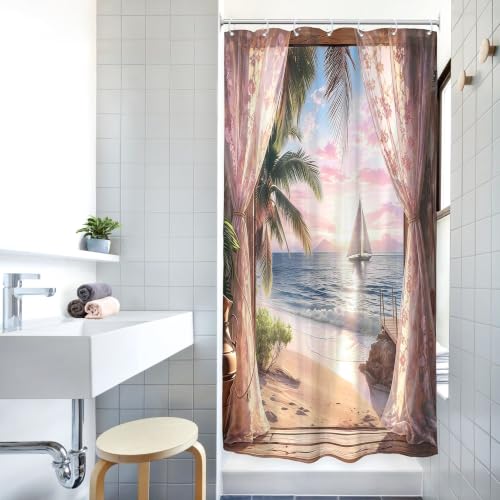 Image of Small Stall Beach Coastal Shower Curtain Pink Ocean Sunset Bathroom Decor | 36Wx72H Inch Single Narrow Bathroom Decor Fabric Polyester Waterproof 7 Pack Hooks