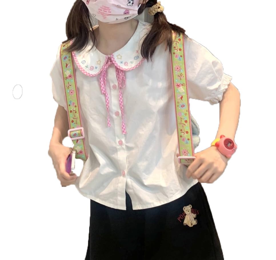 Women's Kawaii T-Shirt Lolita Doll Collar Embroidery Flower Print White Blouse Japanese Cute Sweet Shirts Y2K Tops