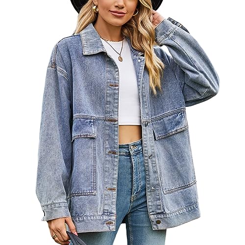 Perbai Womens Mid Long Oversized Denim Jacket Distressed Baggy Jean