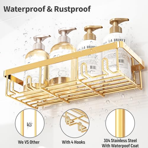 5 Pack Shower Caddy Organizer Rack Shelf for Inside Shower, Self Adhesive Wall Storage Basket Rustproof Stainless Steel Shampoo Holder Bathroom Accessory Decor Set, Gold - Image 4