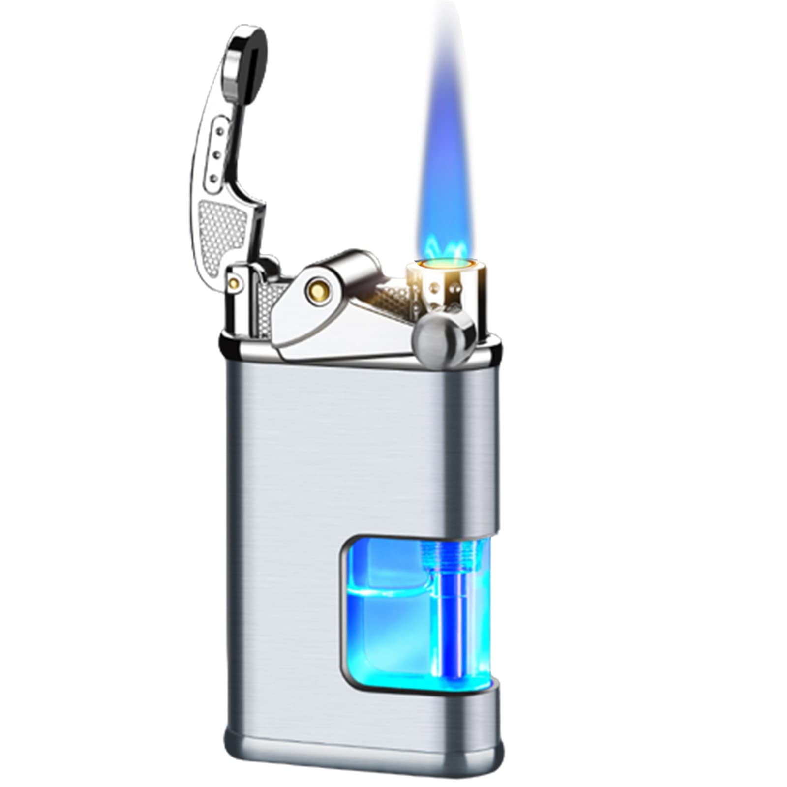 Briquets en Métal Culbuteur Briquet Flamme Bleue Coupe-Vent Cigare Gadgets Réservoir D'huile Transparent Accessoires de Fumer pour Hommes Cadeau