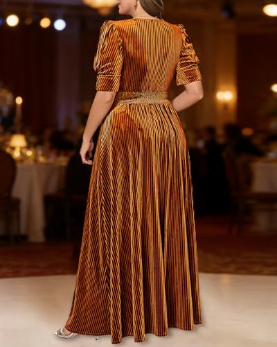 Image of Pinup Fashion Velvet Wedding Guest Dress - Fall Formal Holiday V Neck Empire Waist Long Dresses