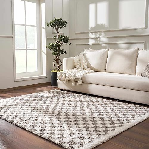 Image of Hauteloom Pixel Contemporary Checkered Fluffy Shag Area Rug - Modern Geometric Soft Carpet Tiles for Living Room, Kids Room, Nursery - Gray, Light Grey, White - 6'7 inch x 9'
