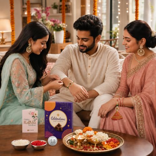 Image of Frostick Rakhi Set Bhaiya Bhabhi Raksha Bandhan Gift Combo Flower Design with Small Celebrations Chocolate, Roli, Chawal, Greeting Card & Gift Box (Design 2 Rakhi)