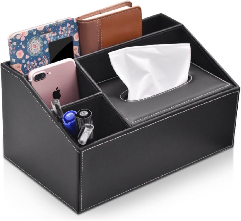 Desk Organizer with Tissue Box Holder, Multi-Purpose 3 Compartment PU Leather Storage Box, Rectangular Tissue Paper Dispenser, Remote Control-image-40