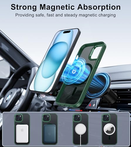 Image of FNTCASE for iPhone 15 Phone Case: Strong Magnetic Slim Matte Protective Case with Kickstand | Shockproof Drop Full Protection Anti-Fingerprint Thin Translucent Frosted Cover(Green)