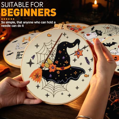 Image of ElasignShopo 5 Sets Halloween Embroidery Kit for Adult Beginners Pumpkin Bat Embroidery Starter Kit Halloween Cross Stitch Kits Needlepoint Kits Includes Instruction 2 Hoops Color Threads Needles