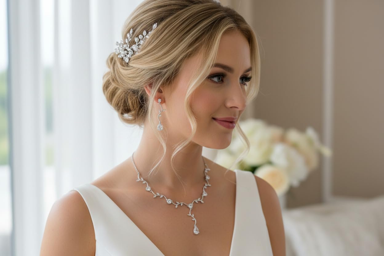 Silber Zirkonia Schmuckset Halskette und Ohrringe Florales Tropfen Design Strass Brautschmuck Collier Armband Hochzeit Kommunion Abiball