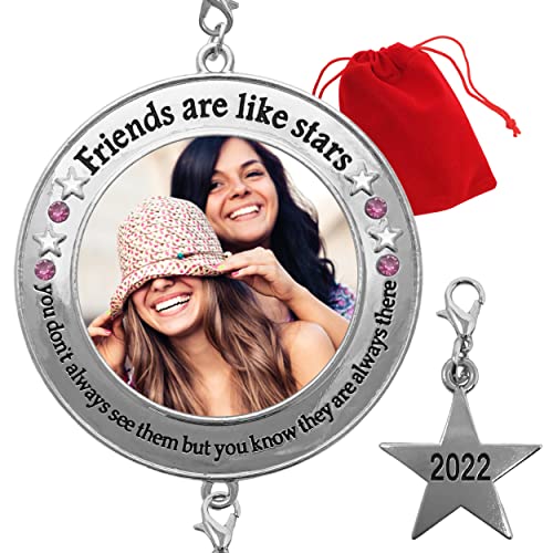 Friends Are Like Stars Photo Ornament - 2022 Dated Ornament For Friendship - Sparkly Christmas Picture Holder Ornament - Personalized Gifts For Women - Gift/Storage Bag Included #TOP6