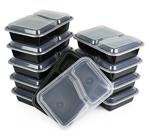 (12 Sets) BradforthTM 2 Compartment Rectangular Plastic Food Storage Containers with Lids, Microwave Safe/ Divided Plate, Bento Box, Reusable Lunch Box for Kids, Tray w/ Cover, by Bradforth