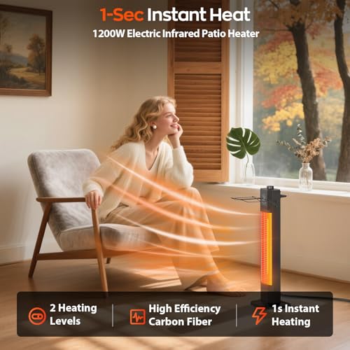 Image of Outdoor Electric Patio Heater, 27-inch Infrared Tower Heater with 1200W Instant Heating, IPX5 Waterproof, Tip-Over & Overheat Protection, Space Heater for Patio Garage Workshop Indoor & Outdoor Use