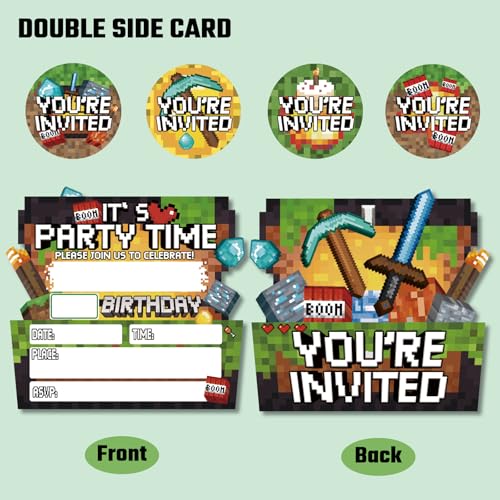 Invitations pour fête d'anniversaire garçon pixel | Décorations anniversaire enfants 20 pièces