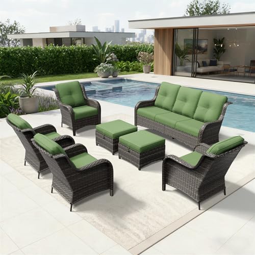 Image of Joyside 7 Piece Wicker Patio Furniture Set, Rattan Patio Chairs with High Back, Deep Seating, Wide Armrest, Thickened Cushions, Outdoor Furniture for Deck, Porch Use