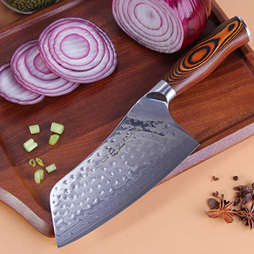 Image of TUO Cutlery Cleaver Knife - Japanese AUS-10 Damascus Steel Hammered Finish - Chinese Chef's Knife for Meat and Vegetable with Ergonomic Pakkawood Handle - 7 inch - Fiery Phoenix Series