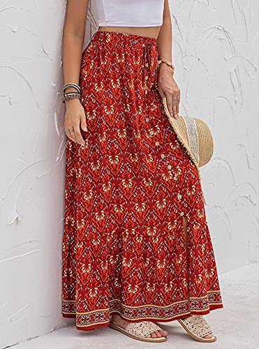 chouyatou Women's Boho Elastic Waist A-Line Floral Print Maxi Skirt Front Split3