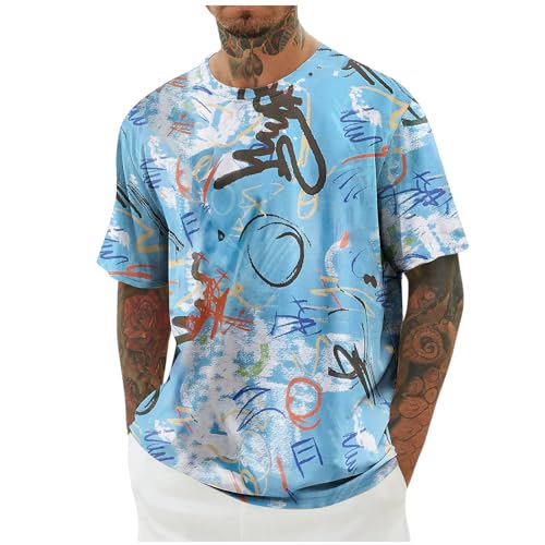 KOG T-Shirts für Herren Sommer Tshirt Kurzarm Bekleidung Tie-Dye Muster Gym Baumwolle Oberteil Jungen Sportshirt 2026 Shirts Teenager Leicht Tshirts Hellblau XL