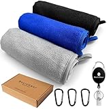 BasicGear Fishing Towel, 3 Pack Microfiber Fishing Towels (16'x16') with Retractable Buckle and Carabiner Clip, Hook and Loop Fastener Fishing Gifts for Men/Women (Black/Gray/Blue)