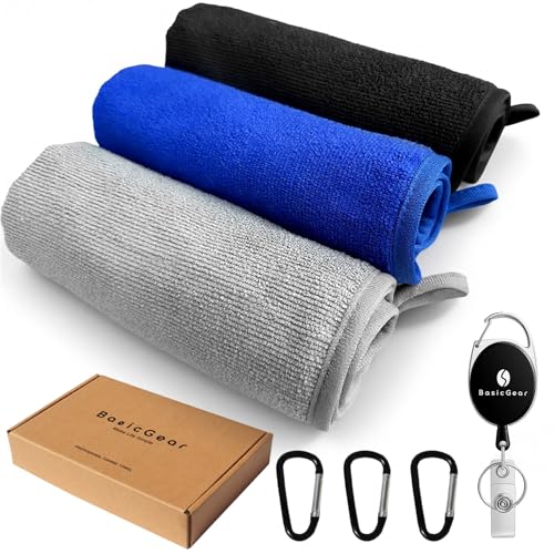 BasicGear Fishing Towel 3 Pack Microfiber Fishing Towels (16x16) with Retractable Buckle and Carabiner Clip Hook and Loop Fastener Fishing Gifts for Men/Women (Black/Gray/Blue)