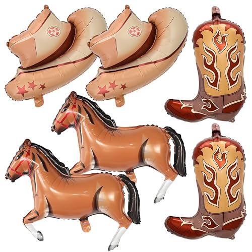 6PCS Western Themed Party Balloons Large Cowgirl Hat Boot Horse Foil Balloons Cowboy Birthday Party Decorations For Wild West Theme Baby Shower Bachelorette Supplies Decorations