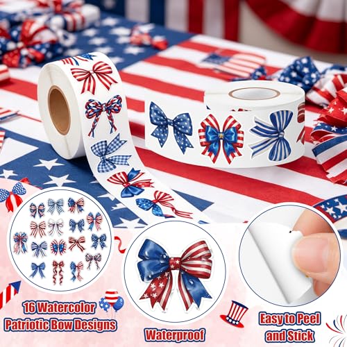 Image of Patriotic Bow Stickers Roll - 16 Unique Red White Blue Vinyl Self Adhesive Durable Waterproof Decals for Scrapbooking Laptop Water Bottle Independence Day 4th of July Party Craft Supplies