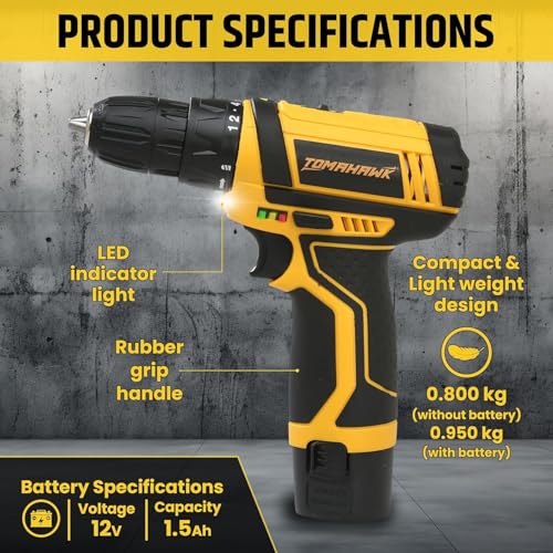 Image of Tomahawk 12V Cordless Drill Machine & Screwdriver Kit for Home | 10mm Keyless Chuck | 2-Speed 350 /1350 RPM | 28 Nm, 18+1 Clutch | 2 x 1.5Ah Batteries + Charger | LED Light & Battery Indicator