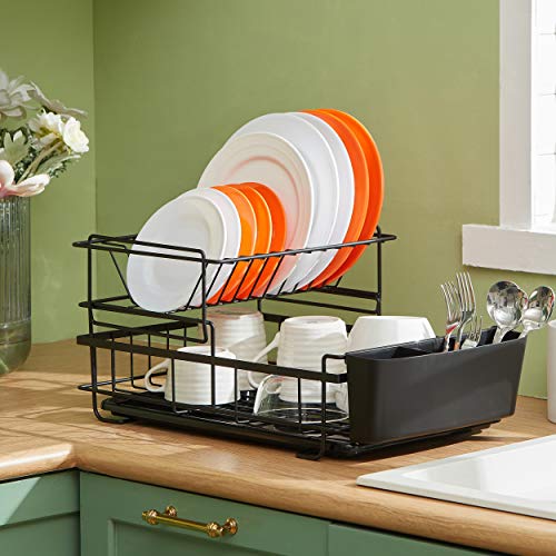 2 Tier Dish Rack, NATUROUS Dish Drying Rack Kitchen Organizer with Drain Board, Utensil Holder, Black - Thumbnail 3