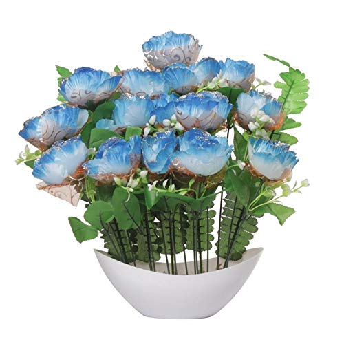 CAAJIB Rose Bunch Artificial Flower Plant with Vase Pot for Home Decor Decorative Flowers, (15 - Light Blue Roses, 40 cm)